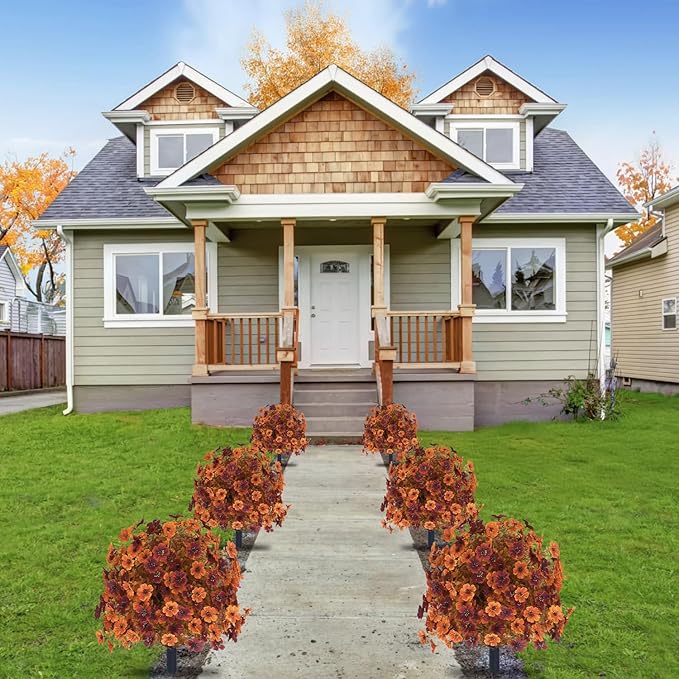 Outdoor Artificial Fall Flowers, UV Resistant Faux Shrub Decorations, Fall Orange and Red Flowers for Front Porch, Patio, Garden, Thanksgiving Decoration (Pack of 2)