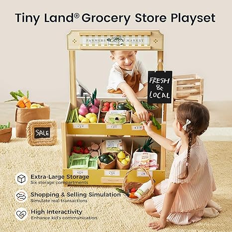 Tiny Land Wooden Play Store – Pretend Farmers Market & Coffee Shop with Cash Register, DIY Price Tags, Chalkboard, Pretend Grocery Store Role Play Toy for Toddlers