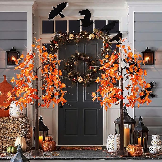 Fall Tree with Lights, 2 Pack 6FT Lighted Maple Tree, Prelit Artificial Tree Thanksgivng Decor, Dimmable Autumn Tree Lights, Lighted Fall Tree for Home Decor Harvest Halloween Decorations