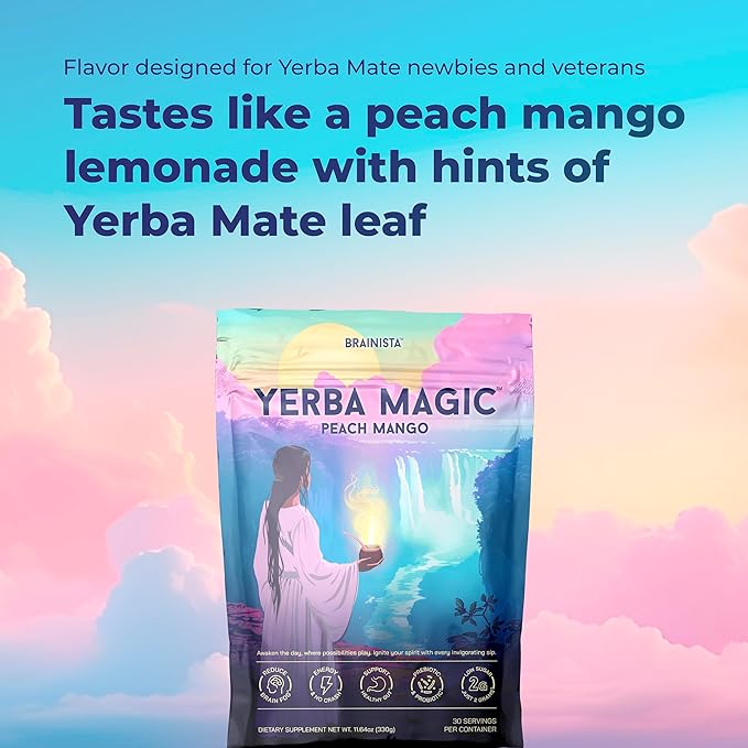 Yerba Magic – Yerba Mate Tea Instant Powder Super Drink with Nootropics, Prebiotics & Probiotics – Clean Energy, Mental Clarity & Gut Wellness | Low Sugar, Natural Caffeine – Peach Mango, 30 Servings
