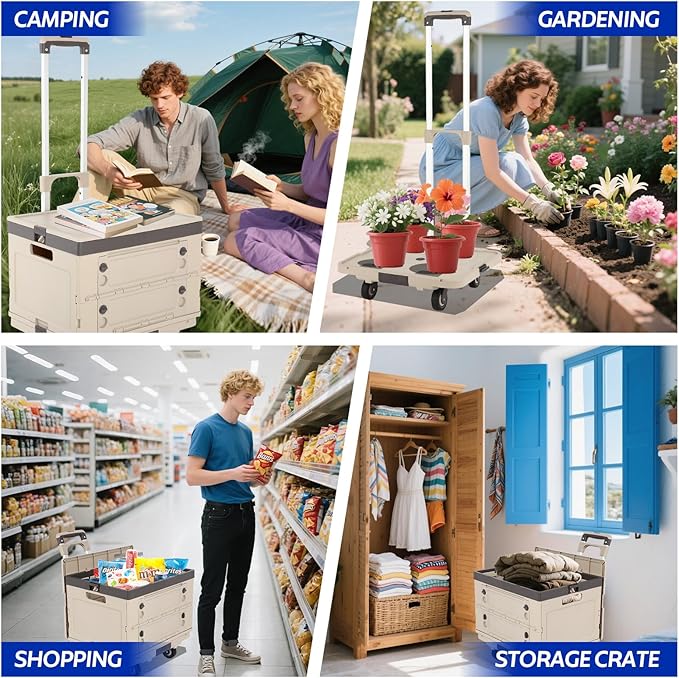 Rolling Crate Cart with Wheels,2 in 1 Utility Cart with Lockable Lids,132 lbs Foldable Shooping Cart with Aluminum Handle, Silent Wheel,Removable Crate for Teacher,Shopping,Grocery, Office, Camp.