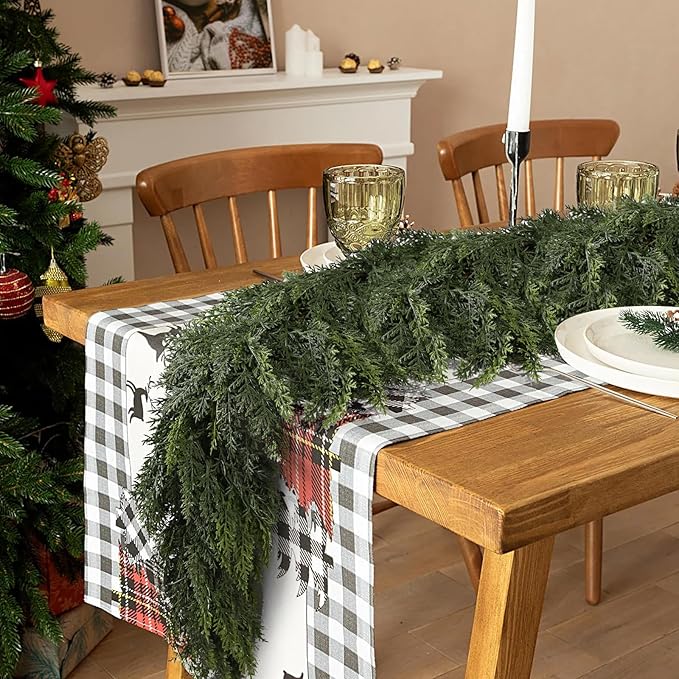 2PCS 9FT Christmas Cedar Garland with 240 Pine Tips, Realistic Faux Garland Artificial Greenery for Fireplace, Table, Mantle, Wall, Indoor, Outdoor Winter Holiday Home Decorations
