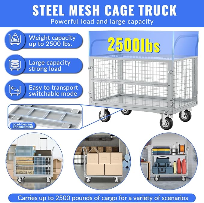 Platform Truck with Cage, Heavy Duty Flatbed Cart, Foldable Hand Truck, Load 2500LB with 4 Swivel Casters, Multi-Functional Push Cart for Grocery, Laundry, Shelving, Pantry