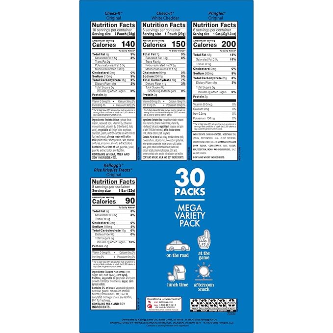 Kellogg's Cheez-It, Pringles & Rice Krispies Treats Snacks Mega Variety Pack, 30.1oz Box (30 Count)