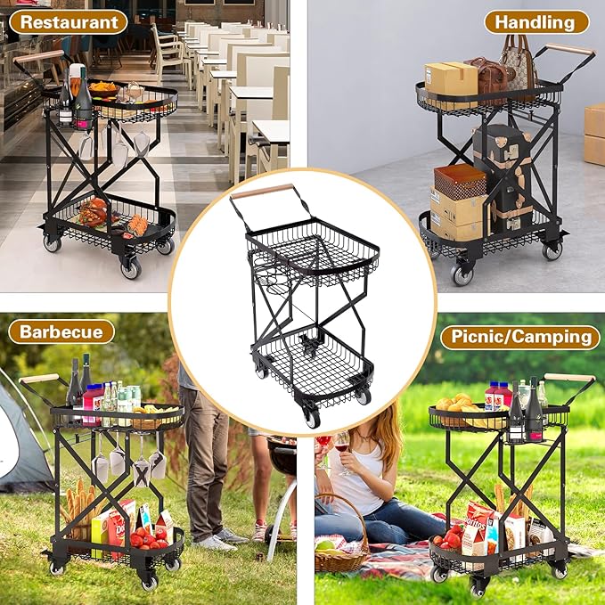 2-Tier Foldable Shopping Cart for Groceries, Collapsible Cart with 360° Rolling Swivel Wheels, Heavy Duty Multi Function Folding Utility Cart for Camping Gear, Traveling, Laundry, Garden, Pantry