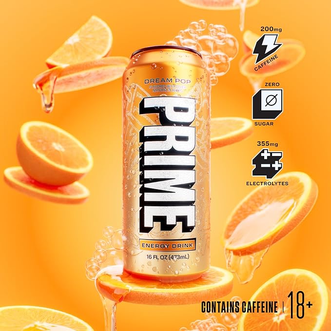 PRIME Energy DREAMPOP, Zero Sugar Energy Drink, 200mg Caffeine and 300mg of Electrolytes for Hydration, for Hydration, Vegan, Gluten Free,16 Fluid Ounce, 12 Pack