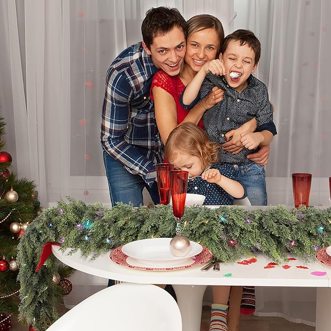 Cedar Christmas Garland with Lights for Mantle - 2 Pack Decorations 9ft Realistic Lighted Faux Pine Garlands for Xmas Home Decoration Indoor Stairs Railing Fireplace Outdoor Prelit Garland Door Decor