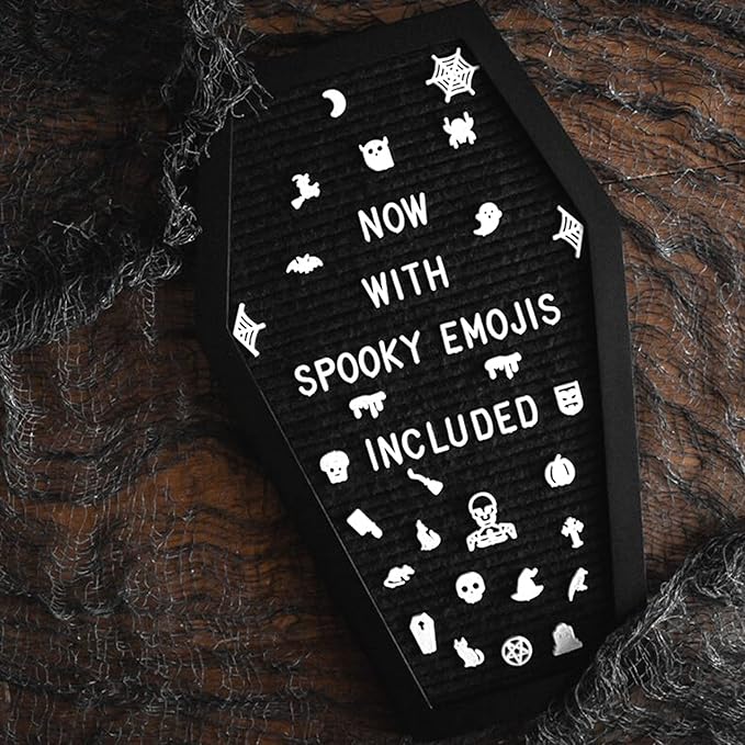 Coffin Letter Board Black +3D Bat Stickers +650 Characters, Spooky & Seasonal Emojis, Wooden Stand - 17x10.5 Inches - Coffin Shaped Goth Decor Sign Witchy Halloween Decorations Gothic Decor Birthday Wedding Home Spooky Gifts
