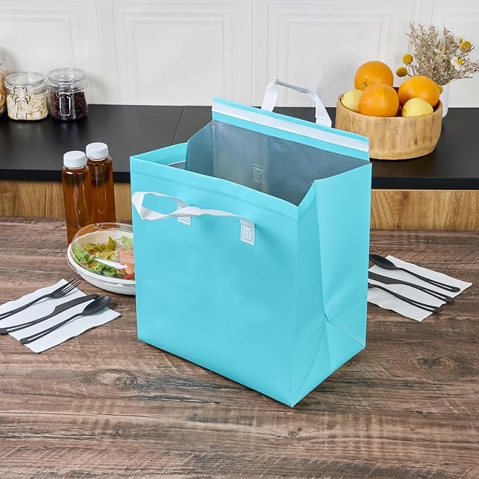 Restaurantware Insulated Take Away Bags 100 Pack Of Reusable Grocery Shopping Bags With Handle Foldable Waterproof Cooler Delivery Carriers For Work Camping Restaurants Coffee Seafood Milk Tea