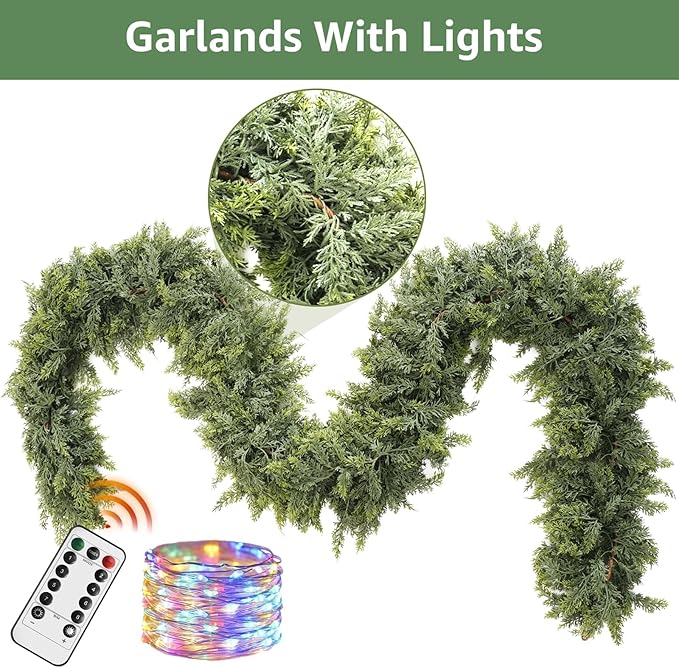 Cedar Christmas Garland with Lights for Mantle - 2 Pack Decorations 9ft Realistic Lighted Faux Pine Garlands for Xmas Home Decoration Indoor Stairs Railing Fireplace Outdoor Prelit Garland Door Decor