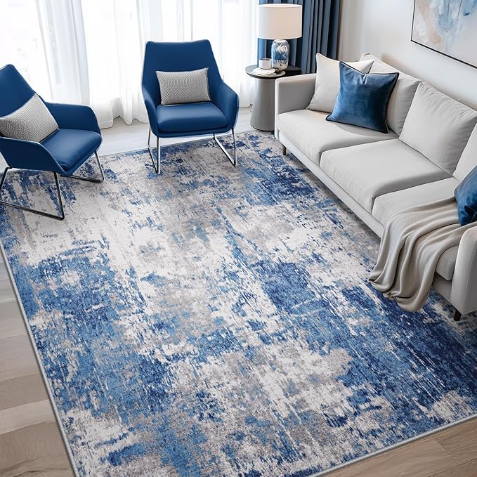 Area Rugs 5'x7' Modern Abstract Living Room Entryway Bedroom Print Pattern Blue Grey Navy Gray