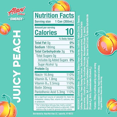 Alani Nu JUICY PEACH, Sugar Free, Low Calorie Energy Drinks, 200mg Caffeine, Biotin, B Vitamins, Zero Sugar, 10 Calories, 12 Fl Oz Cans, 12 Pack