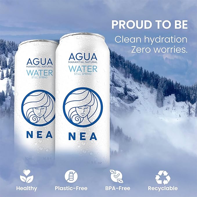 NEA Canned Water – Pure Spring Water in Cans from the Austrian Alps – Natural Mineral Drinking Water – 16.9oz Can – Plastic-Free Boxed 12-Pack