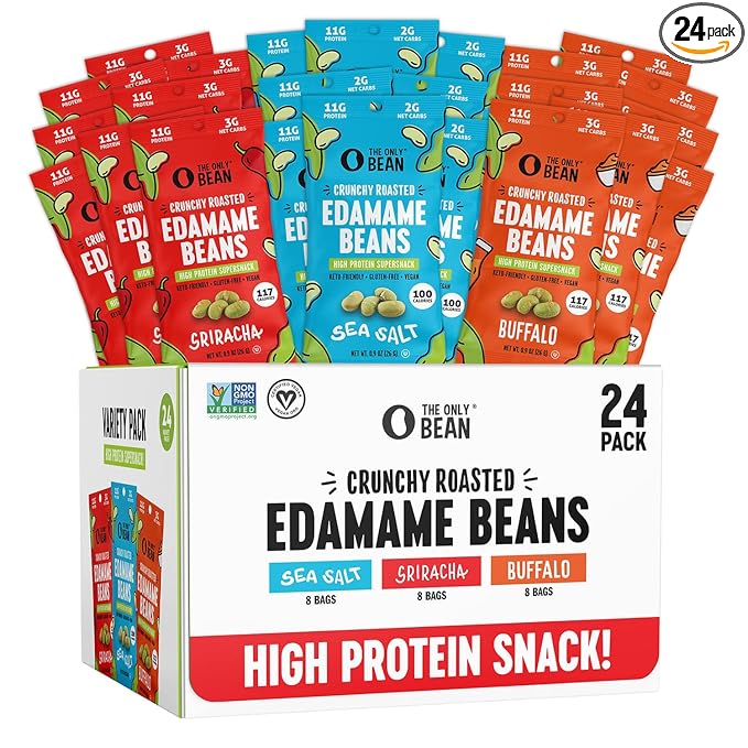 The Only Bean Crunchy Roasted Edamame - Healthy Snacks for Adults and Kids (Variety Pack), Low Carb Keto Snack Food, Vegan Gluten Free High Protein Snacks (11g), Office Snack, 0.9oz 24 pack