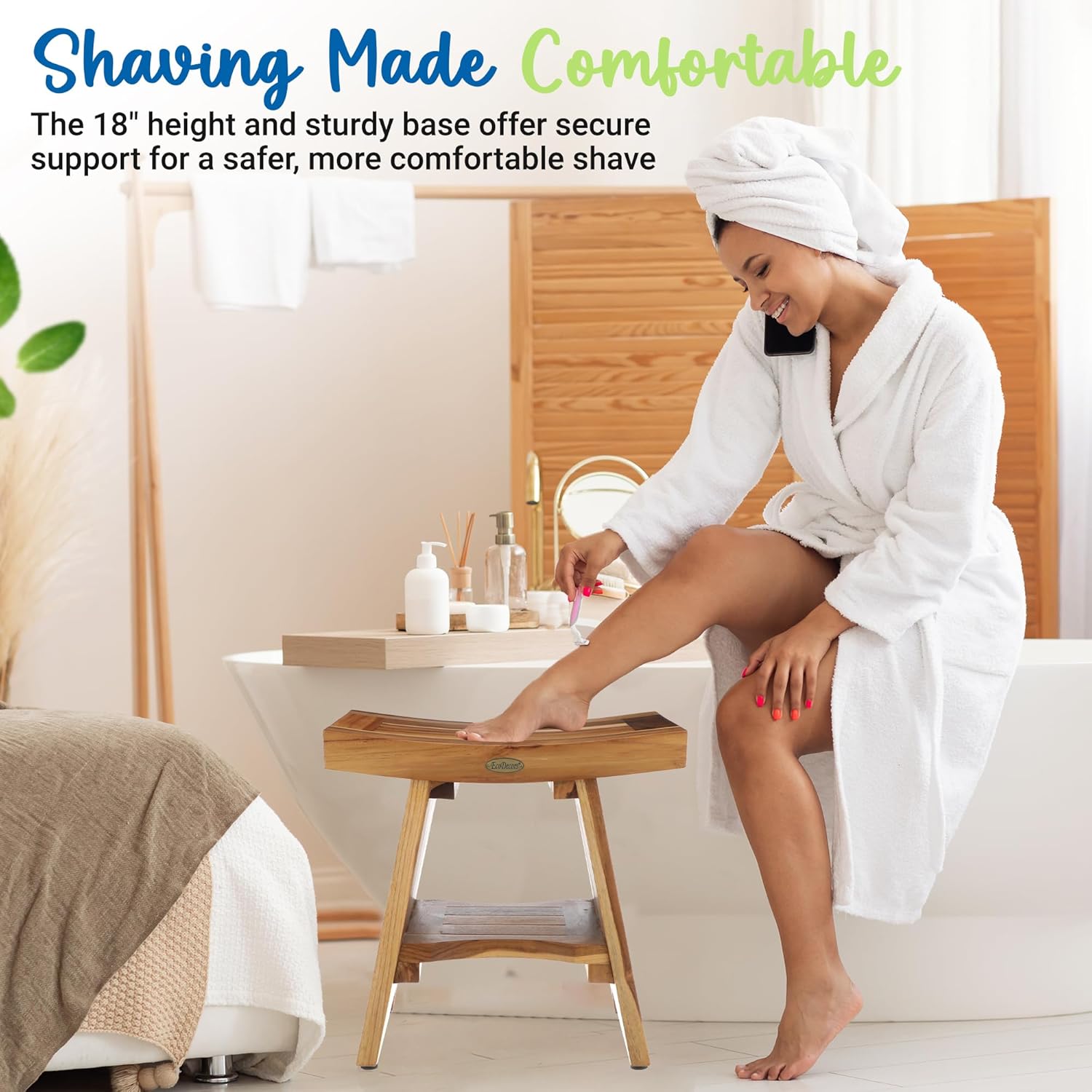 EcoDecors Teak Shower Bench 18", 300 lb Capacity – Waterproof Wood Bath Seat with Shelf, Spa Seating for Adults – Compact Fit for Small Bathrooms & Walk-in Showers – Slip-Resistant Feet