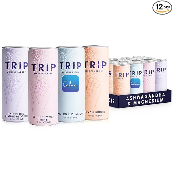 Trip Mindful Blend, Lightly Sparkling Adaptogen Seltzer, Mocktail w/ 120mg Magnesium Citrate with Ashwagandha, Lions Mane & L Theanine, No Added Sugar, Vegan, Original Variety Pack, 12 Oz, 12Pk