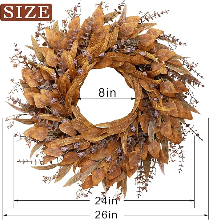 26'' Eucalyptus Wreath for Front Door - Autumn Large Artificial Eucalyptus Outdoor Wreath for Porch, Window,Farmhouse,Home,Holiday,Hanging Fall Decorations (Orange)