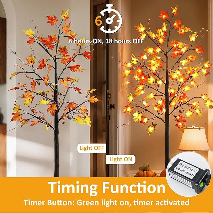 FORUP 2 Pack LED Lighted Maple Tree, 5 FT Lighted Artificial Tree for Thanksgiving Harvest Fall Festival Halloween Home Party Decoration