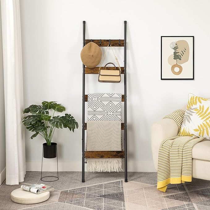 HOOBRO Industrial 5-Tier Wall-Leaning Blanket Ladder, Rustic Brown and Black BF52CJ01