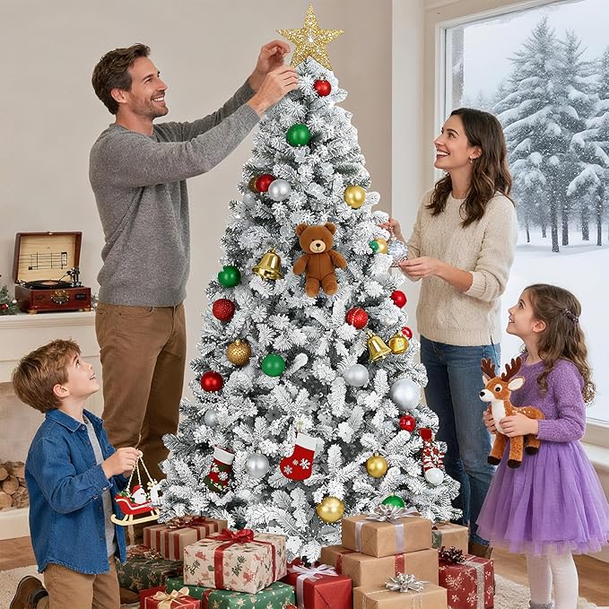 6ft Snow Flocked Artificial Christmas Tree with 760 Tips, Foldable Base, Hinged Branches, Flame-Resistant PVC for Home, Party Decoration