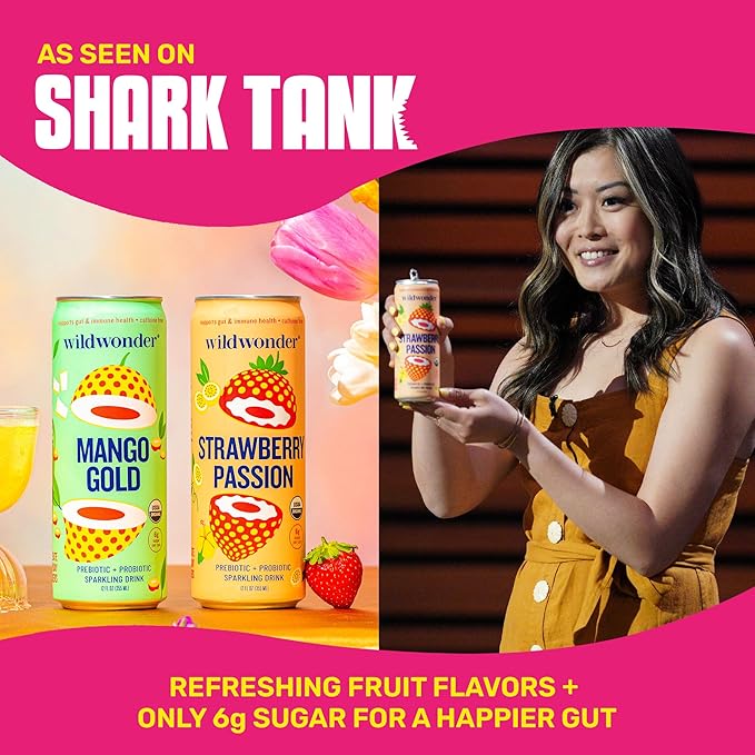 wildwonder Sparkling Probiotic Juice Drink 18pk, w/Gut Health & Immunity Support, 5g Prebiotic Fiber, Live Probiotics, Organic, Vegan, Low Sugar, Sampler Pack, 6 Flavors, Seen on Shark Tank