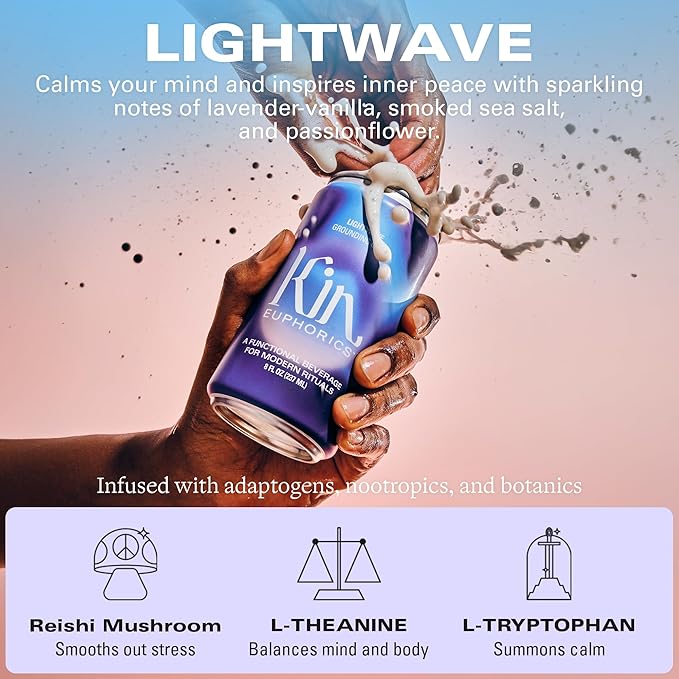 Kin Euphorics Lightwave Non-Alcoholic Functional Beverage | Calm the Mind & Mellow the Mood | Adaptogens, Nootropics, Reishi Mushroom & L-Theanine | 8 Fl Oz (16pk)