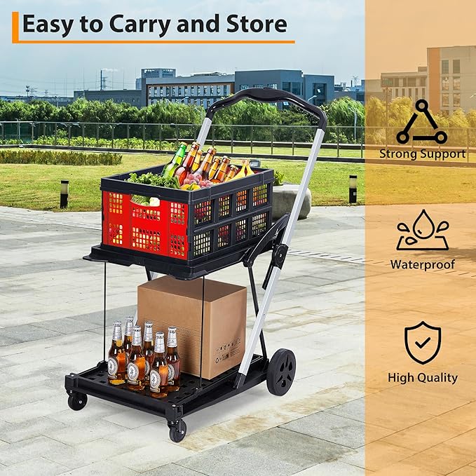 Garvee Foldable Shopping Cart for Groceries, 2-Tier Collapsible Utility Carts with Wheels & Removable Storage Crate, Aluminium & PP, Portable for Supermarket & Home Use, Red