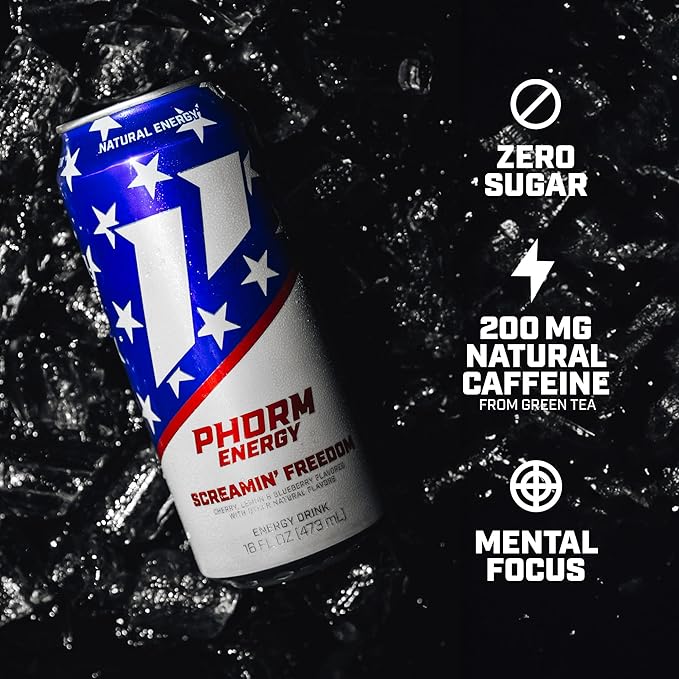 Phorm Energy Drink, Screamin’ Freedom Flavor, 200 MG Natural Caffeine From Green Tea, Sugar Free Carbonated Drink With Electrolytes & Vitamin B12, Dairy & Gluten Free, Vegan, 16 FL Oz Cans, 12 Pk