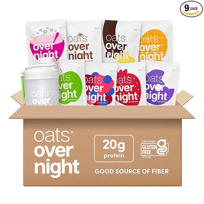 Oats Overnight Fruit Variety Pack - High Protein, High Fiber Breakfast Protein Shake - Gluten Free, Non GMO, Protein Oatmeal - Fruity Cereal, Chocolate Covered Banana & More (8 Pack + Shaker Bottle)