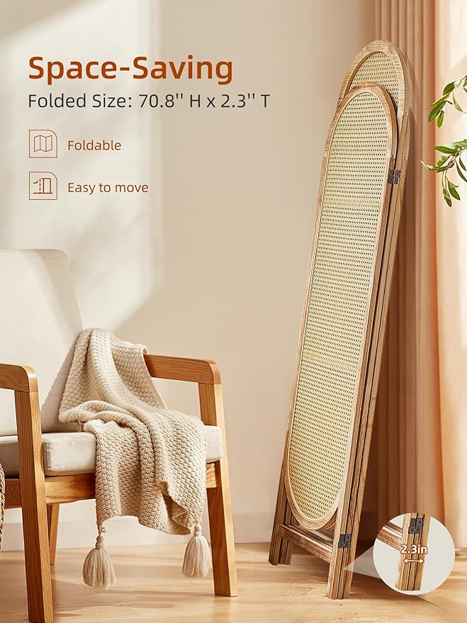 3 Panel Room Dividers and Folding Privacy Screens, Hand-Made Rattan Room Divider with Bi-Directional Hinge, Pre-Assembled Wood Privacy Dividers for Home Office Bedroom, Hotel Decorations