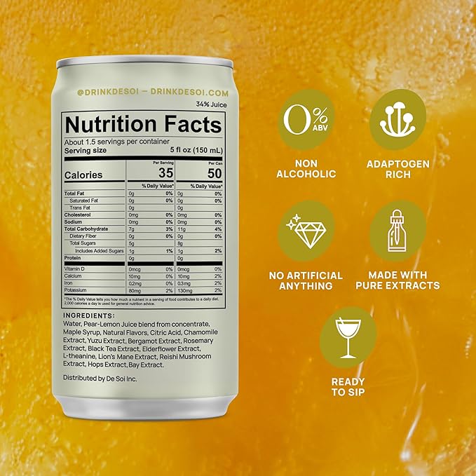 De Soi Golden Hour Mocktails NA Drinks 8 fl oz (12-pack) - Adaptogen Drink, Sparkling Drink with Calming Botanicals, Mocktail Drinks, Gluten Free, No Artificial Flavors