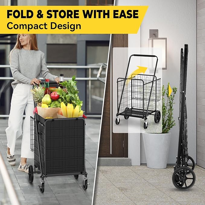 Folding Shopping Cart for Groceries with Braked Rolling Swivel Wheels - Extra Large Heavy Duty Grocery Cart with Double Basket & Removable Waterproof Liner, Upgraded Laundry Utility Cart