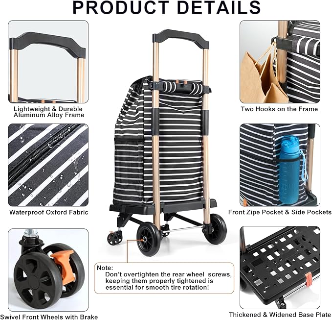 2-in-1 Shopping Cart for Groceries, Lightweight Aluminum Grocery Cart on Wheels and 50L Removable Waterproof Shopping Bag for Moving, Camping (Black)