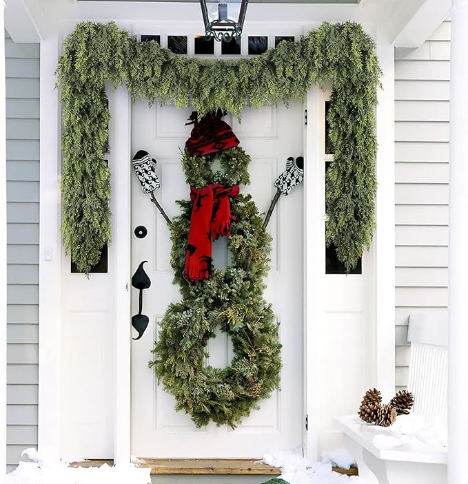 Cedar Christmas Garland with Lights for Mantle - 2 Pack Decorations 9ft Realistic Lighted Faux Pine Garlands for Xmas Home Decoration Indoor Stairs Railing Fireplace Outdoor Prelit Garland Door Decor