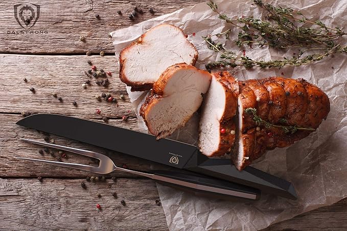 Dalstrong Carving Knife & Fork Set - 9" Blade - Shadow Black Series - Black Titanium Nitride Coated - High Carbon - 7CR17MOV-X Vacuum Treated Steel - Carving Set - BBQ Knife - Sheath - NSF Certified