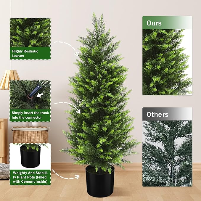 HMASYO 3FT Artificial Cedar Topiary Trees Set of 2, Realistic Potted Fake Cypress Tree Faux Pine Shrubs Plants with UV Resistant for Indoor Outdoor Home Porch Front Door Garden Offices Decorations