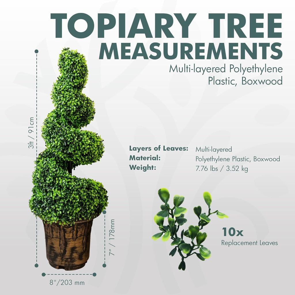 2-Pack Faux Boxwood Spiral Topiary Trees - 3ft Tall - Planter Included - Artificial Plants for Indoors or Outdoors - Realistic Dense Green Leaves with UV and Weather Protection
