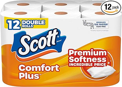 Scott ComfortPlus Toilet Paper, 12 Double Rolls, 231 Sheets per Roll, Septic-Safe, 1-Ply Toilet Tissue