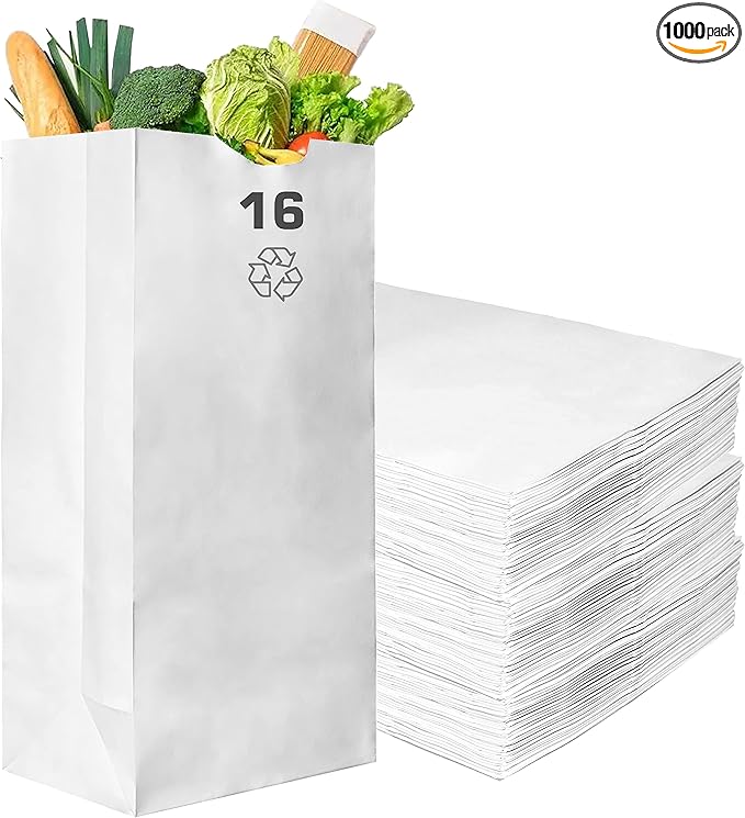 Paper Lunch Bags 16 Lb White Paper Bags 16LB Capacity - Kraft White Paper Bags, Bakery Bags, Candy Bags, Lunch Bags, Grocery Bags, Craft Bags - #16 Large Lunch Paper Bags / Kraft Paper Sacks by EcoQuality (1000, #16 - 16LB)