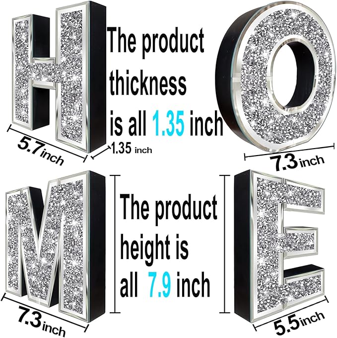 4 pcs Independent Letters Home.Glam Crystal Diamond Letters.Silver Mirror Glass Home Decoration for Wall, Fireplace, Bookshelf and Table.