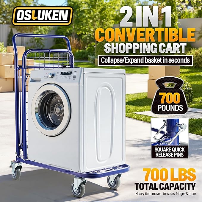 2 in 1 Convertible Metal 2 Tier Heavy Duty Platform Hand Truck | Flatbed Trolley Push Dolly Cart, 700LBS Capacity Folding Grocery Shopping Utility Cart with Telescopic Basket & 4 Swivel Wheels