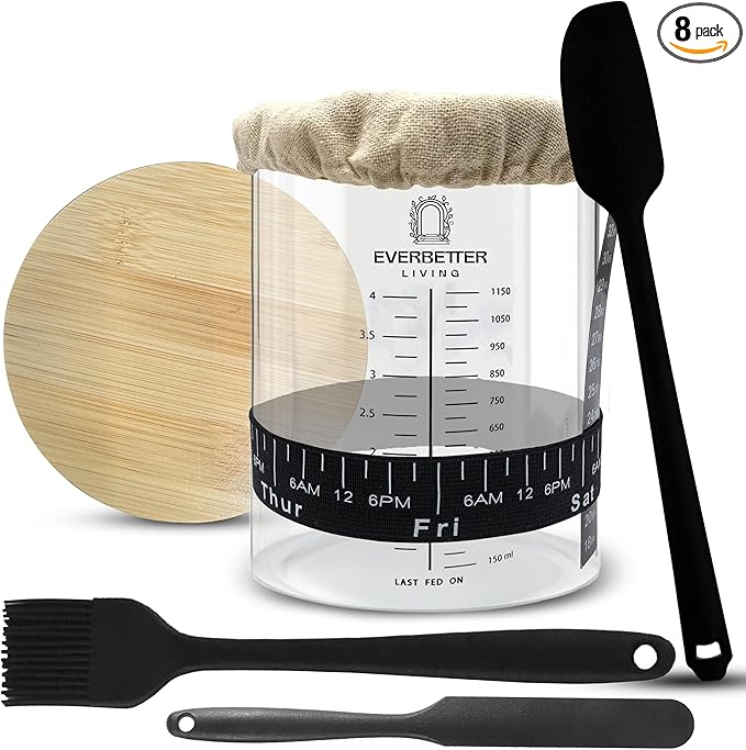 Sourdough Starter Jar Kit – 50 oz Fermentation Jar with Thermometer, Feeding Band, Lid & Tools – Ideal for Bread Starter Kits & Sourdough Accessories – Complements Banneton Set