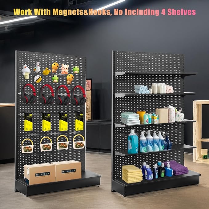 Eastern Tree Pegboard Display Stand, 4x6.5 Feet Gondola Retail Shelving Wall Display for Convenient Grocery Office Supply or Retail Stores, Standing Peg Board Display Rack with 30 Hooks