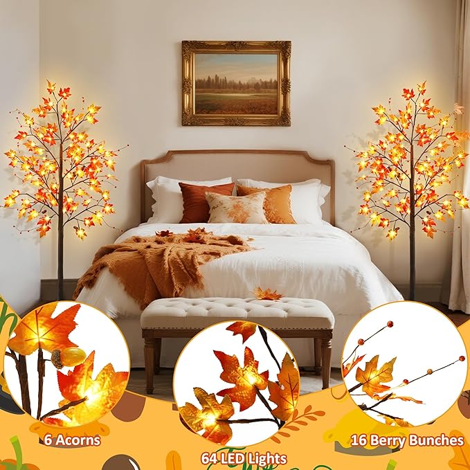 FORUP 2 Pack LED Lighted Maple Tree, 5 FT Lighted Artificial Tree for Thanksgiving Harvest Fall Festival Halloween Home Party Decoration