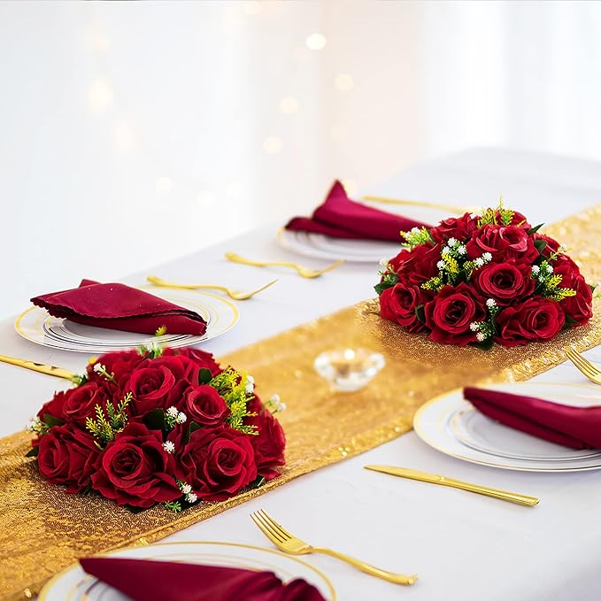 BLOSMON Flower Balls Wedding Rose Centerpieces: 6 Pcs Crimson Fake Flowers Kissing Balls Decor Artificial Floral Arrangements Flower Bouquet of Roses Home Party Table DIY Decorations