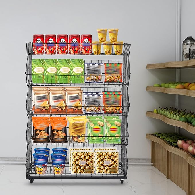 5-Shelf Retail Display, Wire Shelving with Wheels and Hook Heavy-duty Metal Snack Display Organizer, Retail Shelf for Supermarket Grocery Store Home Kitchen