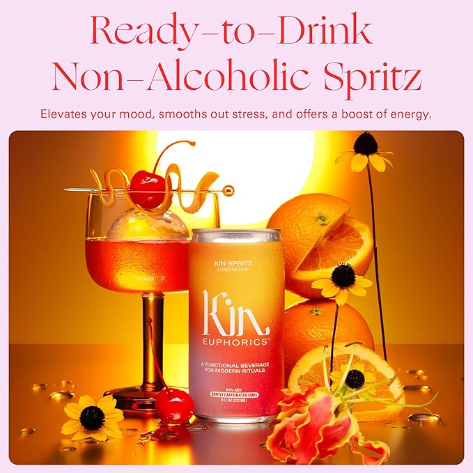 Kin Euphorics Kin Spritz Non-Alcoholic Functional Beverage | Invigorating Booster | Adaptogen & Nootropic Drink | Rhodiola Rosea, 5-HTP, GABA | Ready to Drink | 8 Fl Oz (16pk)