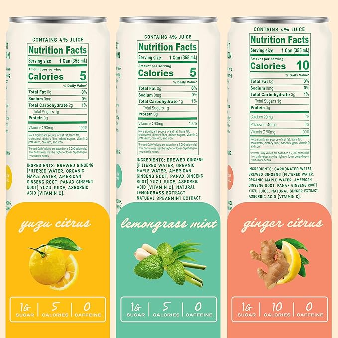 Clean Soda, Natural Focus & Clarity from Ginseng, No Caffeine, 5-10 calories per serving, Naturally Sweetened, 12oz can - Variety Pack, 6 count