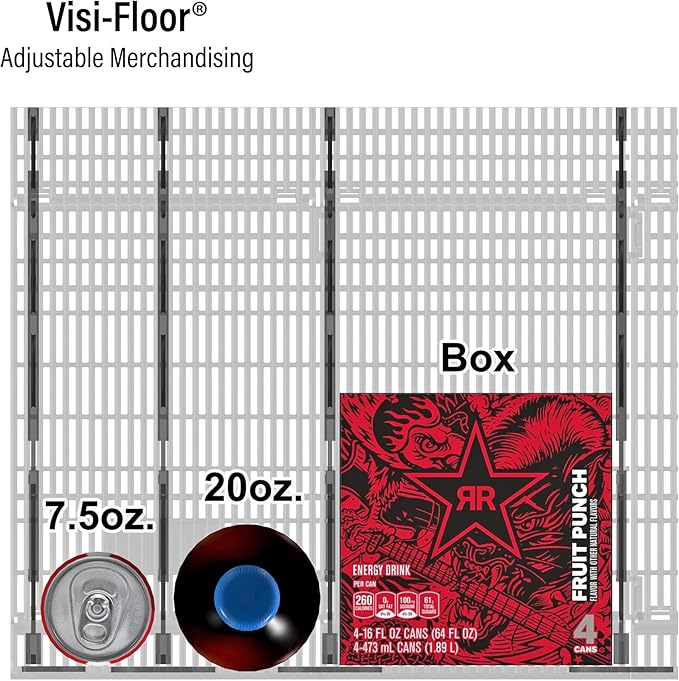 Visi-Floor Adjustable System Kit - Cold Vaults & Commercial Storage Organizer for Supermarkets, Convenience Stores, and Grocery Stores - Modular Display Merchandiser Drink Organizer for Cans, Beer,
