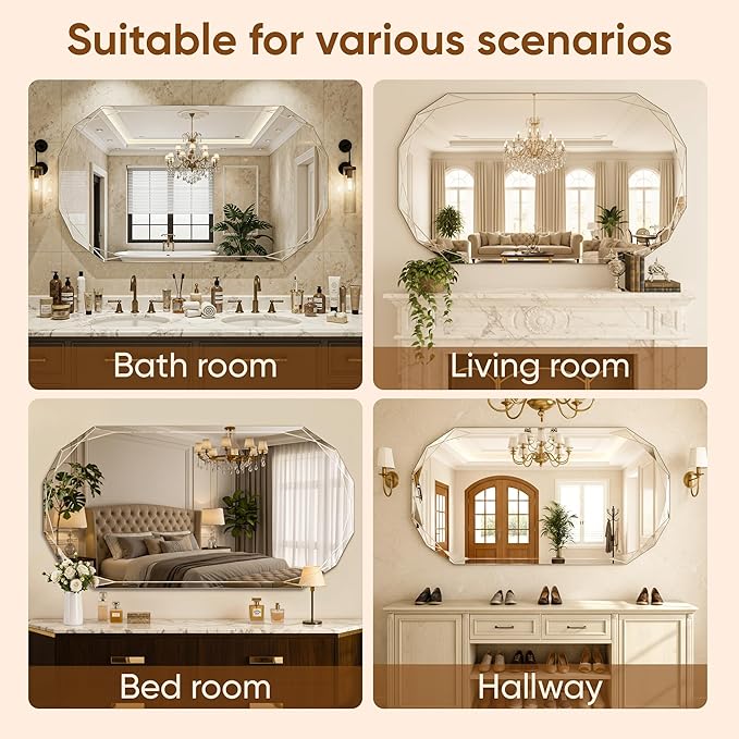 Suidia Bathroom Mirror, 30"x 48" Wall Mirror, Frameless Bathroom Mirror with Beveled Edge for Bedroom, Living Room, Entryway, Hallway, Oval Shape